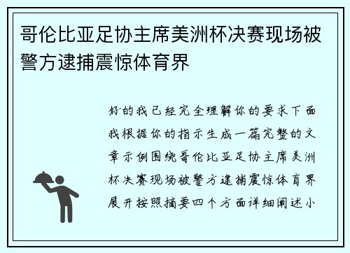 哥伦比亚足协主席美洲杯决赛现场被警方逮捕震惊体育界